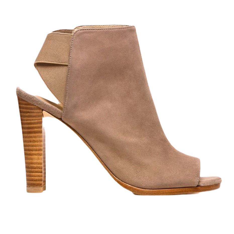 Stuart Weitzman Hereitis Suede Elastic Strap Peep Toe Suede Heeled Bootie